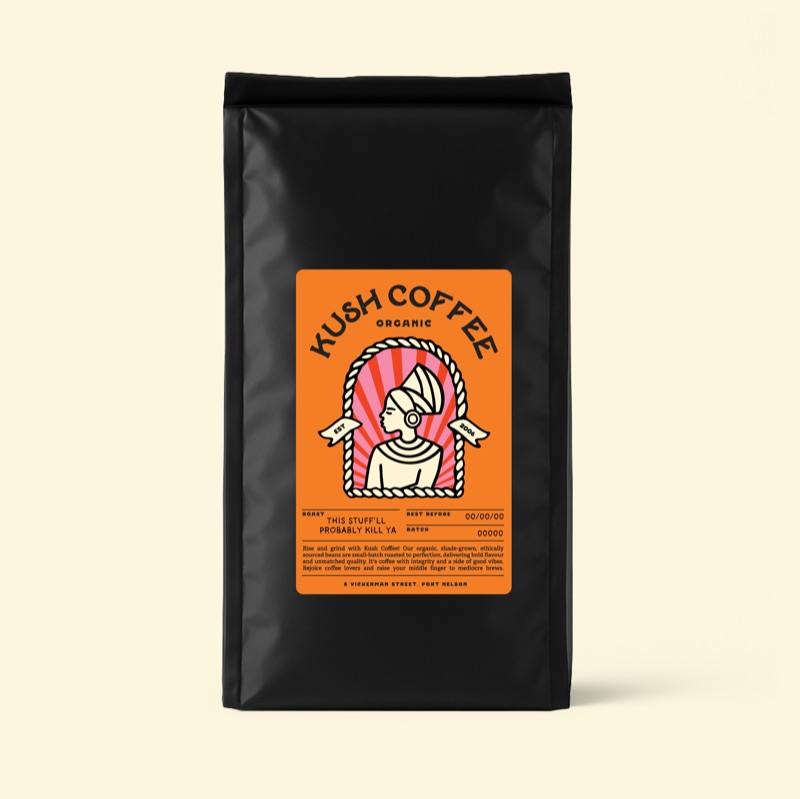 Kush Coffee organic bag, This Stuff'll Probably Kill Ya roast